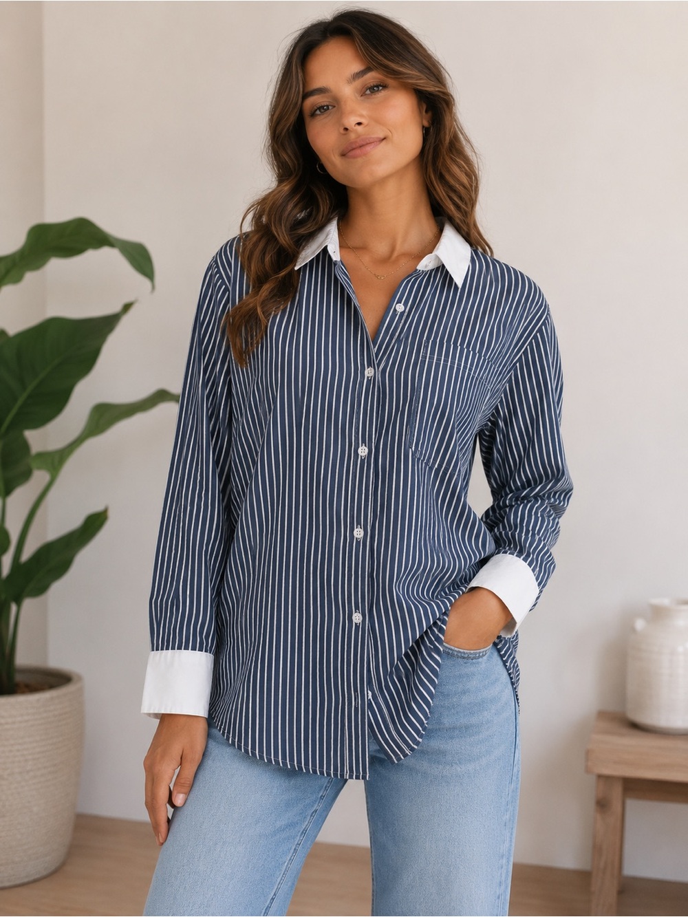 Old Navy Navy White Striped Cotton Button‎ Up Shirt Small Contrast Collar
